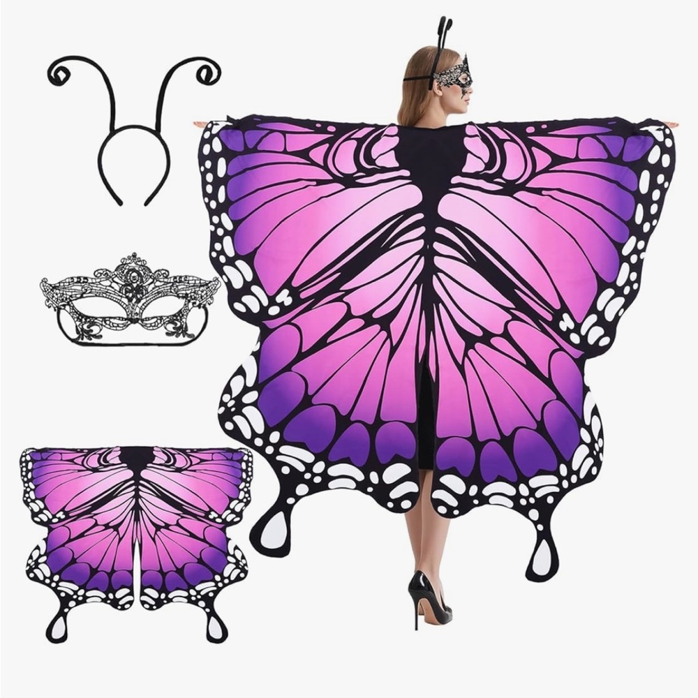 Women’s Purple Butterfly Fairy Wings Cape , headband & Mask NIB